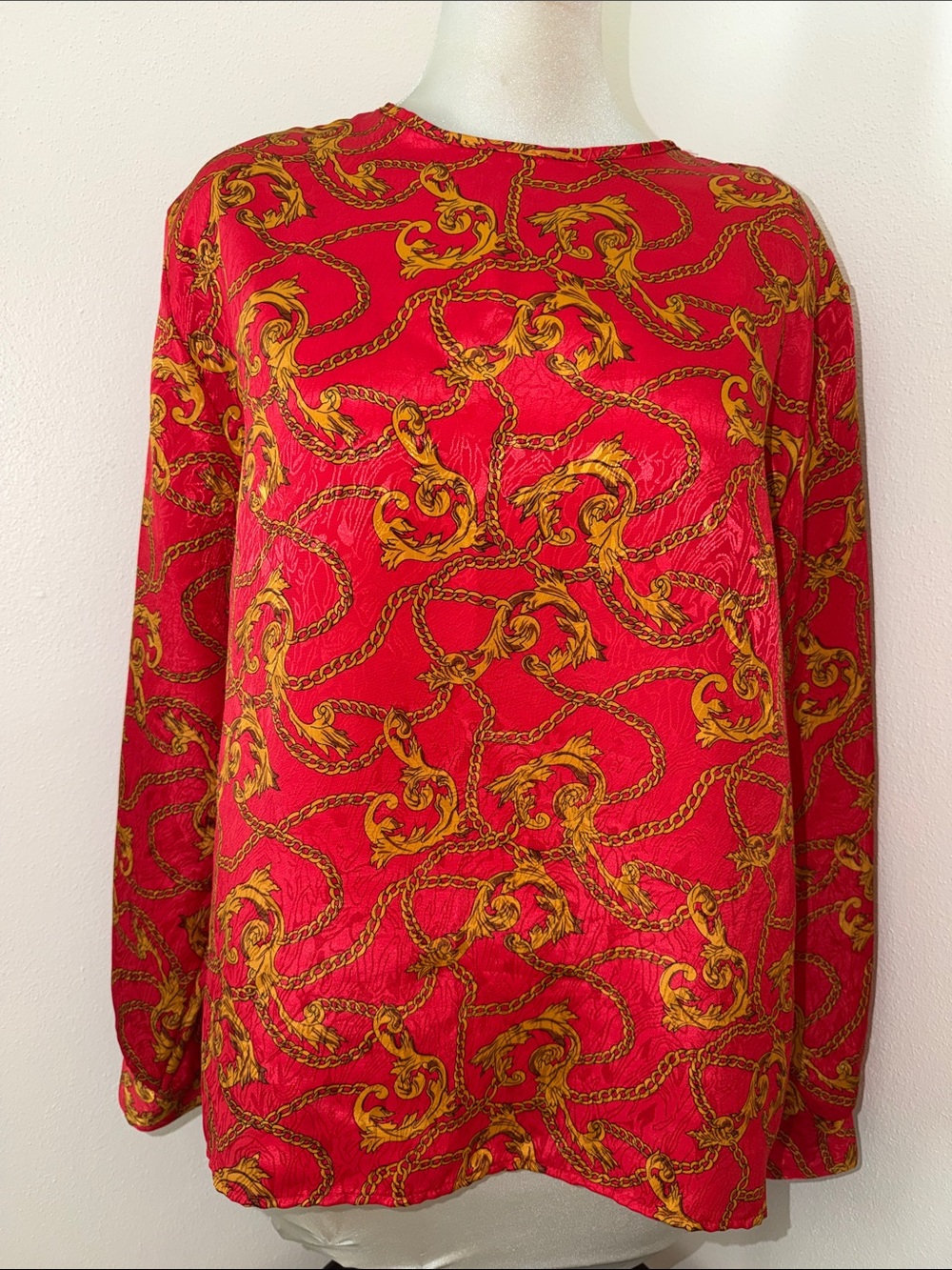 Bobbie Brooks red gold chain print shirt top blouse medium m vintage